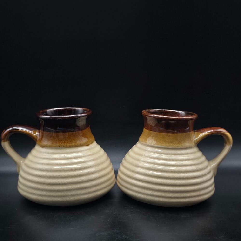 Vintage Stoneware Spillproof Mugs Set of Two Brown Cream Vintage 1980s Taiwan